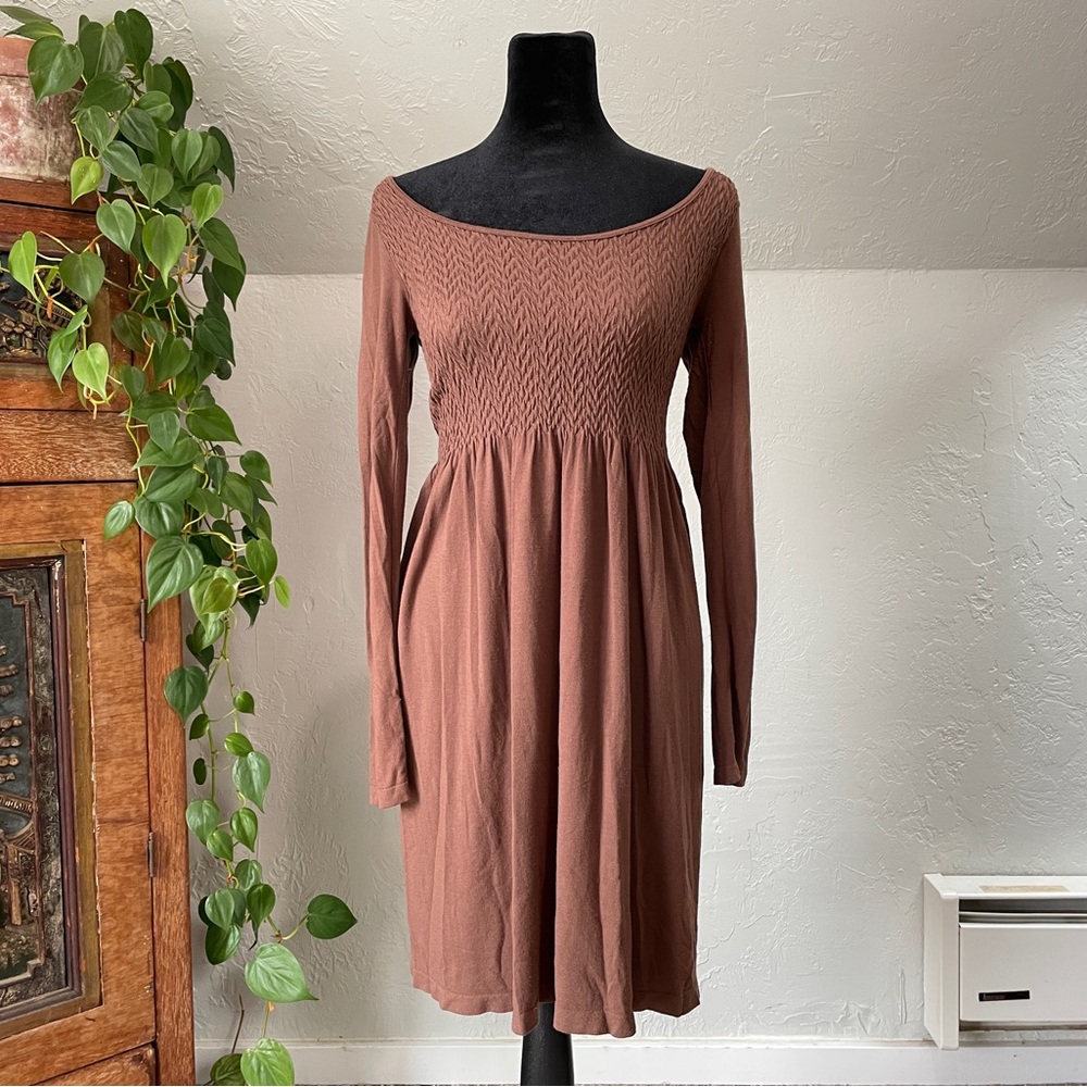 Brown Peasant Midi Dress Smocked